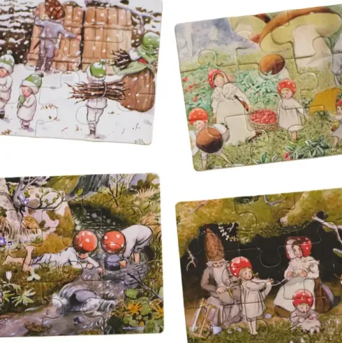 De Små Skovnisser Puslespil - Elsa Beskow - 4 Puslespil I Æske