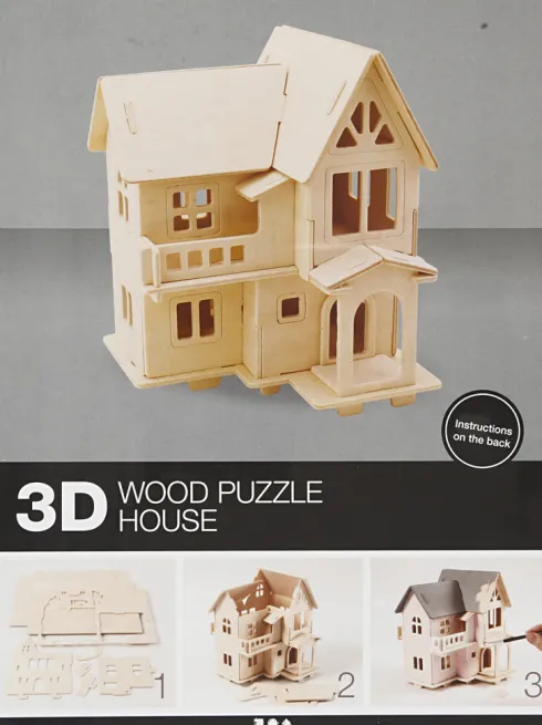 3D Træ Puslespil - Hus Med Altan - 15,8X17,5X19,5 CM