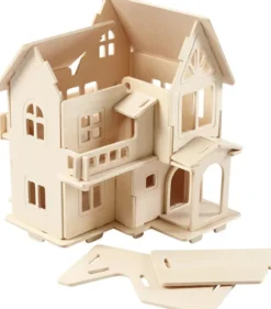 3D Træ Puslespil - Hus Med Altan - 15,8X17,5X19,5 CM
