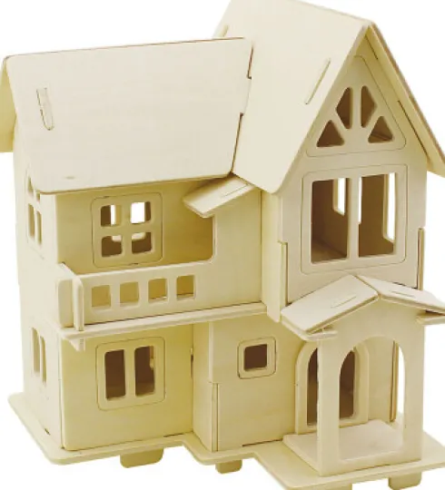 3D Træ Puslespil - Hus Med Altan - 15,8X17,5X19,5 CM