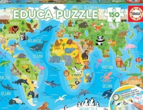 Educa Puslespil - Verdenskort Med Dyr - 150 Brikker
