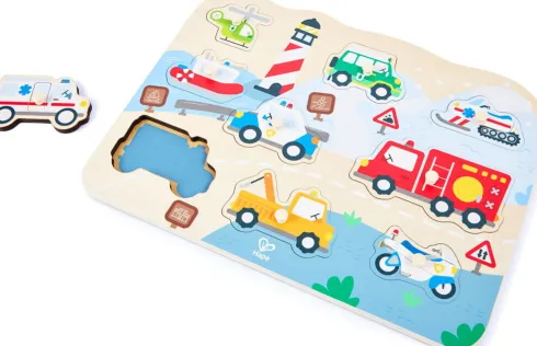 Hape - Emergency Peg Puzzle - Knoppuslespil Med Køretøjer