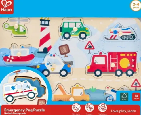 Hape - Emergency Peg Puzzle - Knoppuslespil Med Køretøjer