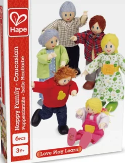 Hape - Happy Family - 6 Caucasian Dukker I Træ