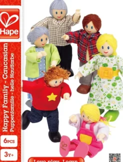 Hape - Happy Family - 6 Caucasian Dukker I Træ