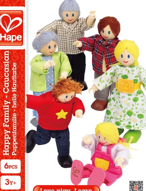 Hape - Happy Family - 6 Caucasian Dukker I Træ