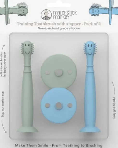 Matchstick Monkey - Toothbrush - 2 Babytandbørster - Mint Og Blå