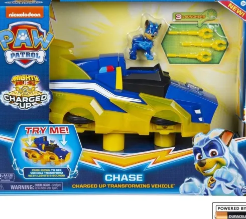 Paw Patrol Figur - Mighty Pups Charged Up - Chase Med Køretøj