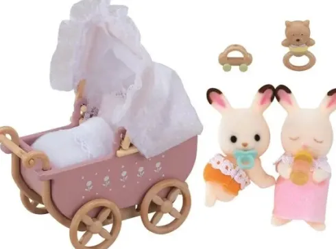 Sylvanian Families - Chocolate Bunny Twins Med Dobbelt Klapvogn