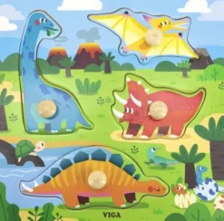 Viga Puslespil I Træ - Dinosaurer - Knoppuslespil - 4 Brikker