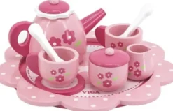Viga - Tesæt I Træ Til Børn - Pink Med Blomster - 9 Dele