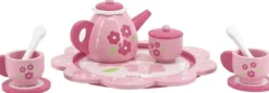 Viga - Tesæt I Træ Til Børn - Pink Med Blomster - 9 Dele