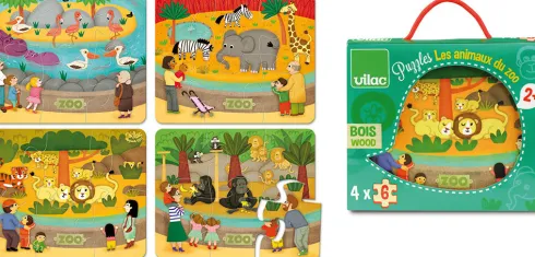 Vilac - Træ Puslespil Til Børn - Dyr I Zoo - 4X6 Brikker